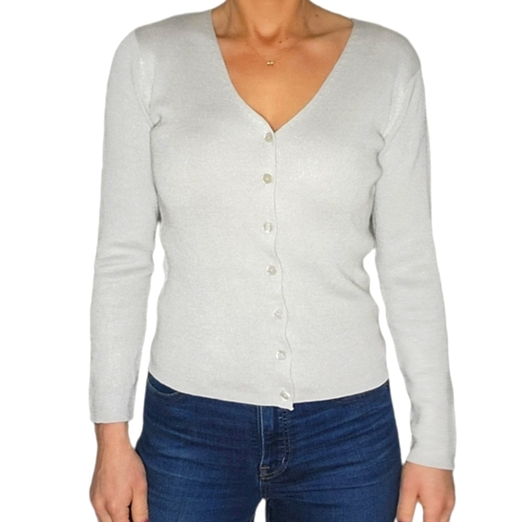 Clio Silk Cotton Metallic Mix Cardigan Size Medium Grey Silver Button up - Picture 1 of 3